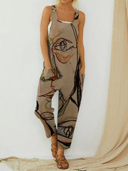 Macacão feminino com alças de impressão de ilustração de arte abstrata vintage com bolso