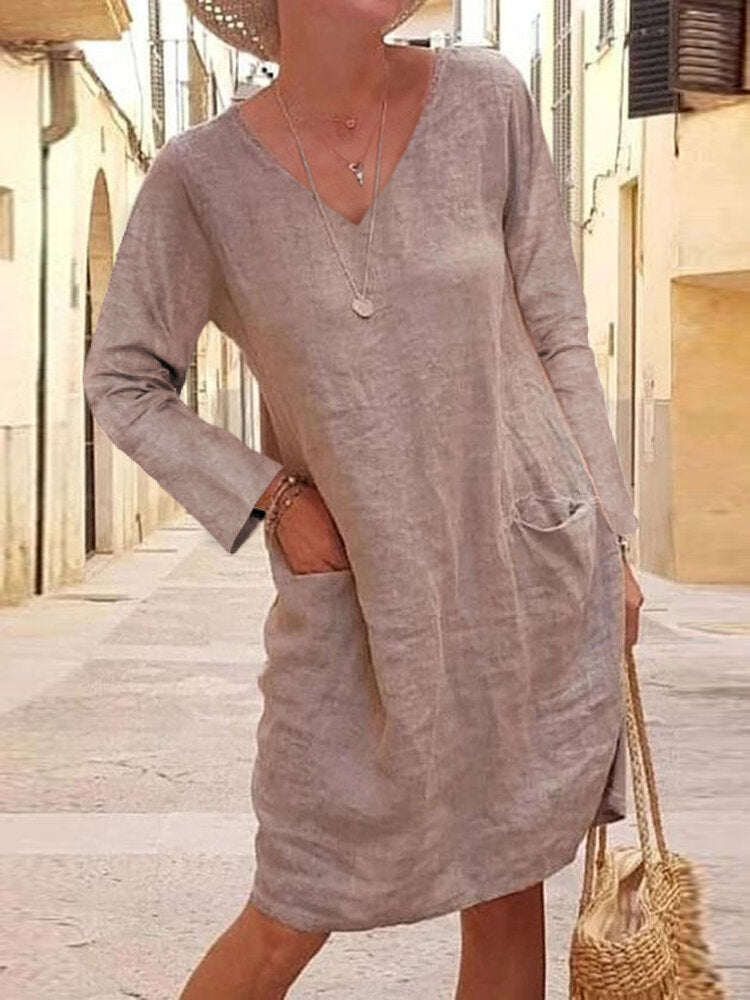 Cotton Solid V-neck Casual Long Sleeve Pockets Women Midi Dress – Come4Buy eShop
