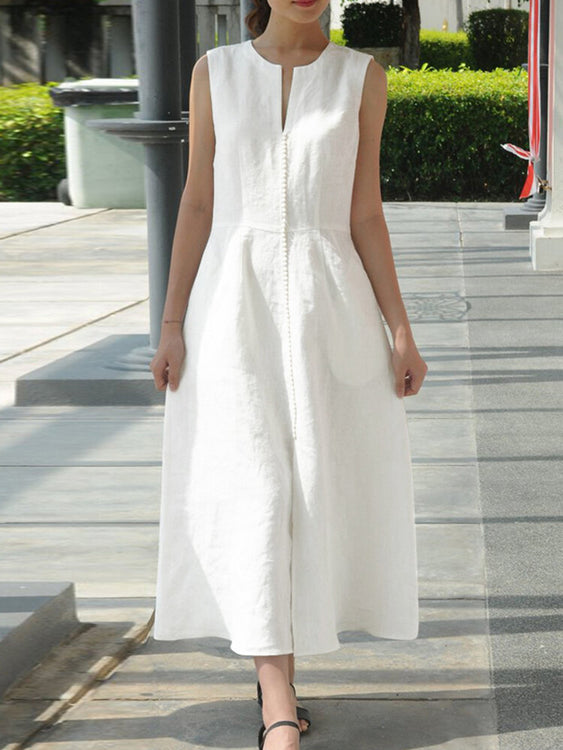 Maxi Pocket Dress Women Solid Color Sleeveless V-Neck Back Zipper