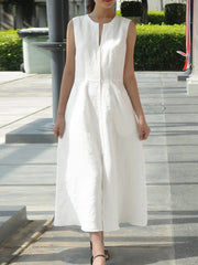 Макси џебен фустан за жени во еднобојни патент за грб без ракави со V-врат