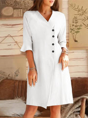 V-neck Oblique Placket Design Bell Sleeve Casual Women Midi Dress