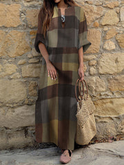 Casual Plaid Notch Neck Long Sleeve Vintage Pocket Women Maxi Dress