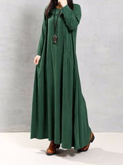 Vintage Women Cotton O-Neck Solid Color Irregular Hem Maxi Dress