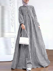 Grid Printed Casual Cuffs Elastic Big Swing Big Sleeve Long Muslim Abaya Kaftan Women Maxi Dress
