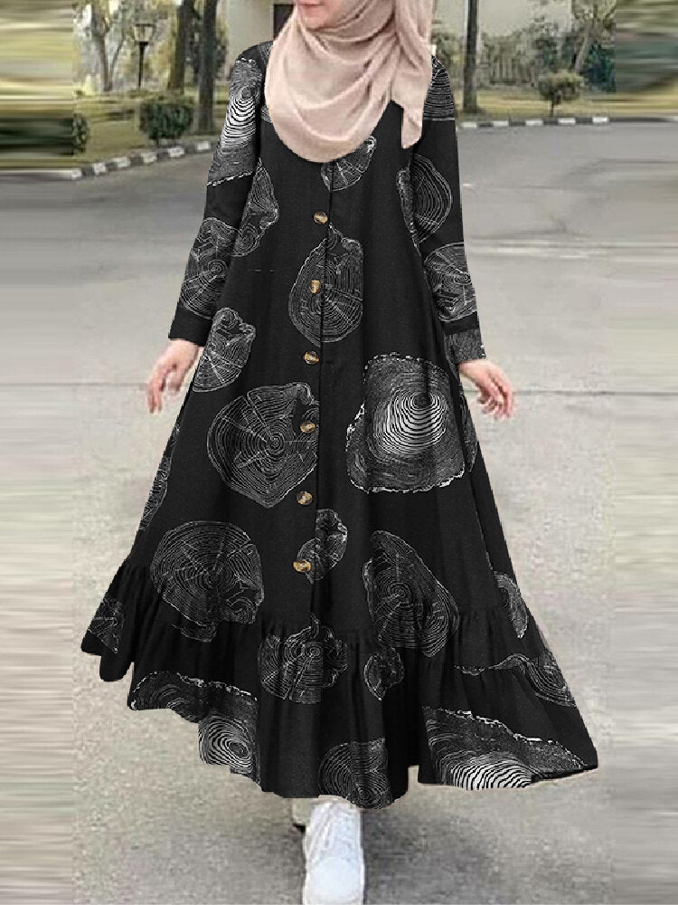 Cotton Tree Stump Print Ruffle Hem Long Sleeve Muslim Women Maxi Dress – Come4Buy eShop Cotton Tree Stump Print Ruffle Hem Long Sleeve Muslim Women Maxi Dress – Come4Buy eShop