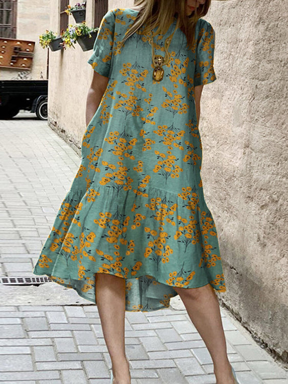 Flower Print High Low Hem Casual Short Sleeve Pocket Women Midi Dress