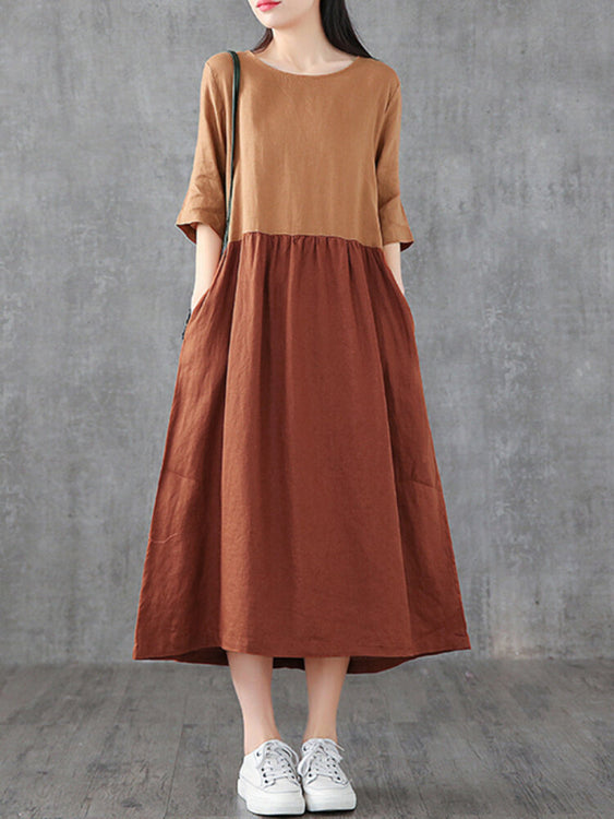 Casual Color Block Round Neck Stitching Maxi Dress With Pocket