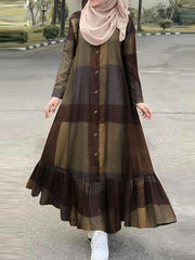 Damska sukienka maxi z długim rękawem, bawełnianą kratką i nadrukiem, zapinana na guziki