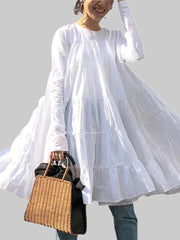 Цврста боја О-деколте долг ракав Плисирано лабава секојдневна блуза за жени