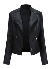 Black Leather Jacket Women Long Sleeve Zipper Slim Motor Biker