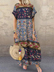 Vestido de manga corta con estampado floral de algodón suelto informal para mujer