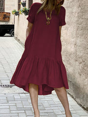 Cotton Pure Color Ruffles Round Neck Short Sleeve Casual Women Midi Dress