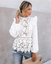 Floral Lace White Tops Blouses Hollow Back