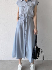 Summer Blue Dress Shirt Dress Maikling Vintage Maxi Dress