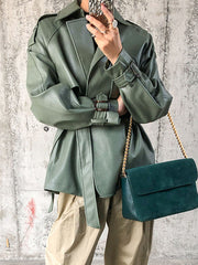 綠色人造 PU 皮革休閒配腰帶機車大衣