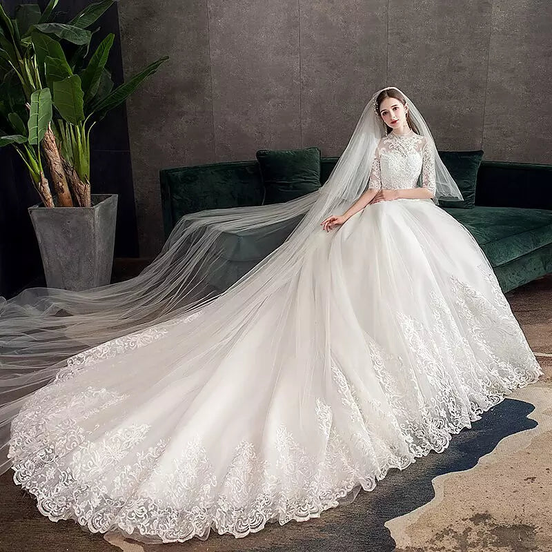 Long Sleeve High Neck Full Lining Lace Wedding Dress - OneSimpleGown.com