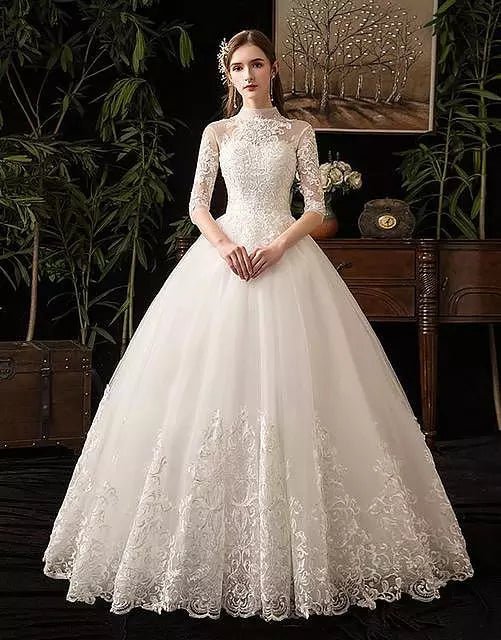 Long Sleeve Gold Ball Gown High Neck Princess Wedding Dress 67189 vini –  Viniodress