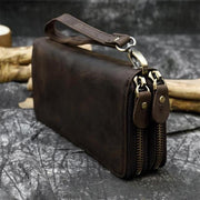 Crazy Horse Leather Double Zipper Long Wallet
