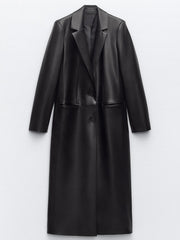 Eleganckie kurtki damskie Czarny płaszcz ze sztucznej skóry