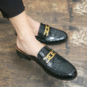 Men Half Shoes Black Slippers Fashion Loafers Leather