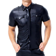 Tricou din piele PU pentru bărbați | Tricou cu nasturi cu guler răsturnat