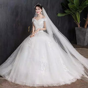 Off Shoulder Pearls Lace Wedding Dress
