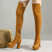 Swara Knee Platform Square Camel High Heel Boots