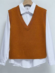 Dámsky krátky voľný pletený sveter vesta s výstrihom do V