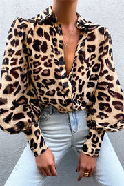 Puff Sleeve Shirts Blouse Wanita Floral / Leopard Shirts
