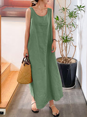 Sommerkleid aus Baumwollleinen, schlichtes, lockeres Kleid mit Rundhalsausschnitt