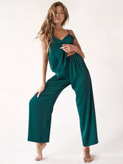 Sexy Spaghetti Strap Sleepwear Women Green Palazzo Pants Home Suit