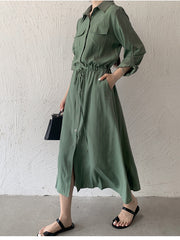 Sommergrünes Kleid, Hemdkleid, langes Vintage-Maxikleid