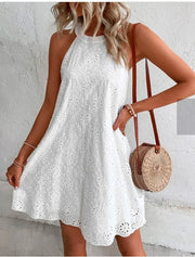 Summer Women O Neck Sexy Slim White Mini Dress