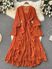 Vintage V-stûyê Flare Sleeve Chiffon Pleated Long Dress Women