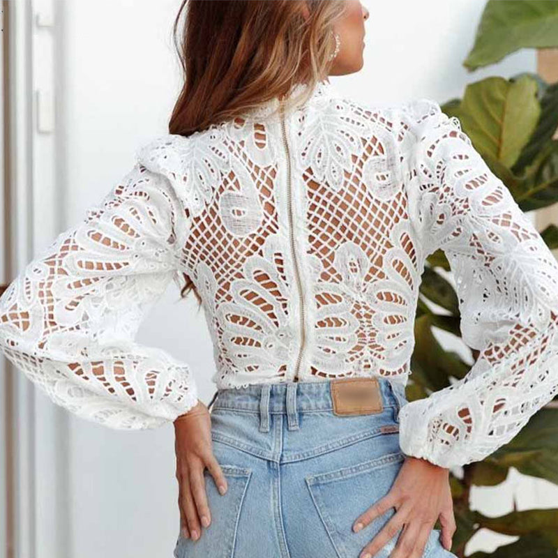 Casual White Tops Sexy Women Long Sleeve Lace Blouse – Come4Buy eShop