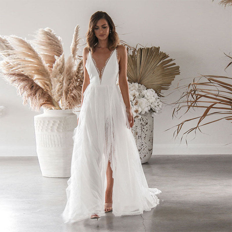 Woman White Split V Neck Maxi Slip Dress – Come4Buy eShop