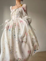 Damska szyfonowa sukienka midi z długim rękawem i odkrytymi ramionami