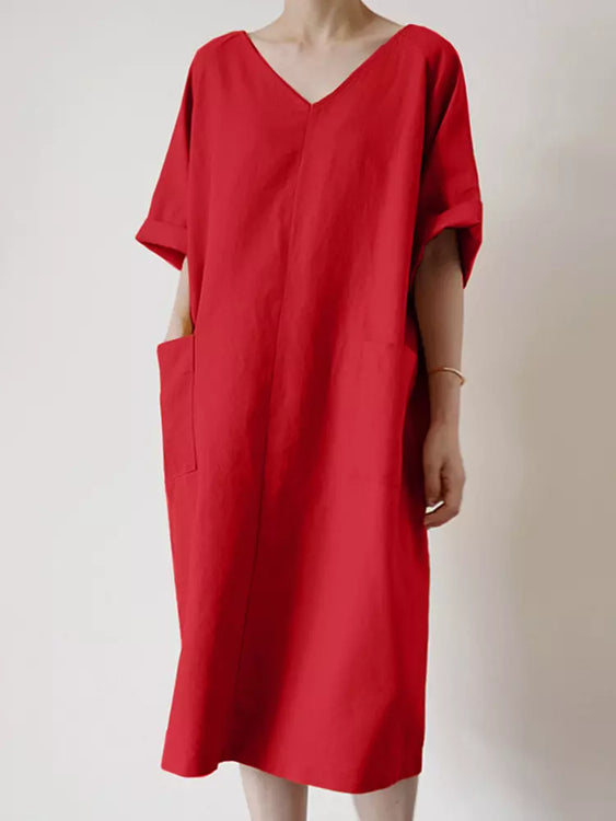 נשים כותנה Midi קז'ואל מוצק ארוך שמלת קיץ נשית רופף עם צווארון V