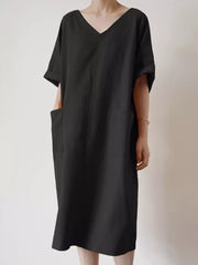 נשים כותנה Midi קז'ואל מוצק ארוך שמלת קיץ נשית רופף צווארון V