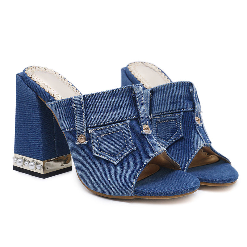 New Womens Open Toe Denim Clear Block Heels Slippers Sandals Cassual Shoes  Us | eBay