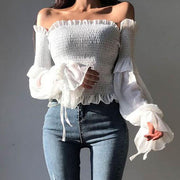 Μόδα γυναικεία μακρυμάνικη μπλούζα με φιόγκο ώμου