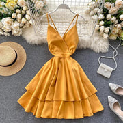 Women V Neck Sling Cascade Ruffles Short Dress